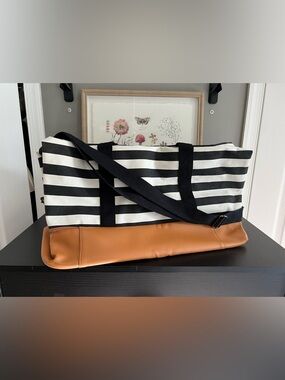 Canvas Stripe Weekender Bag with Tan Faux-Leather Base